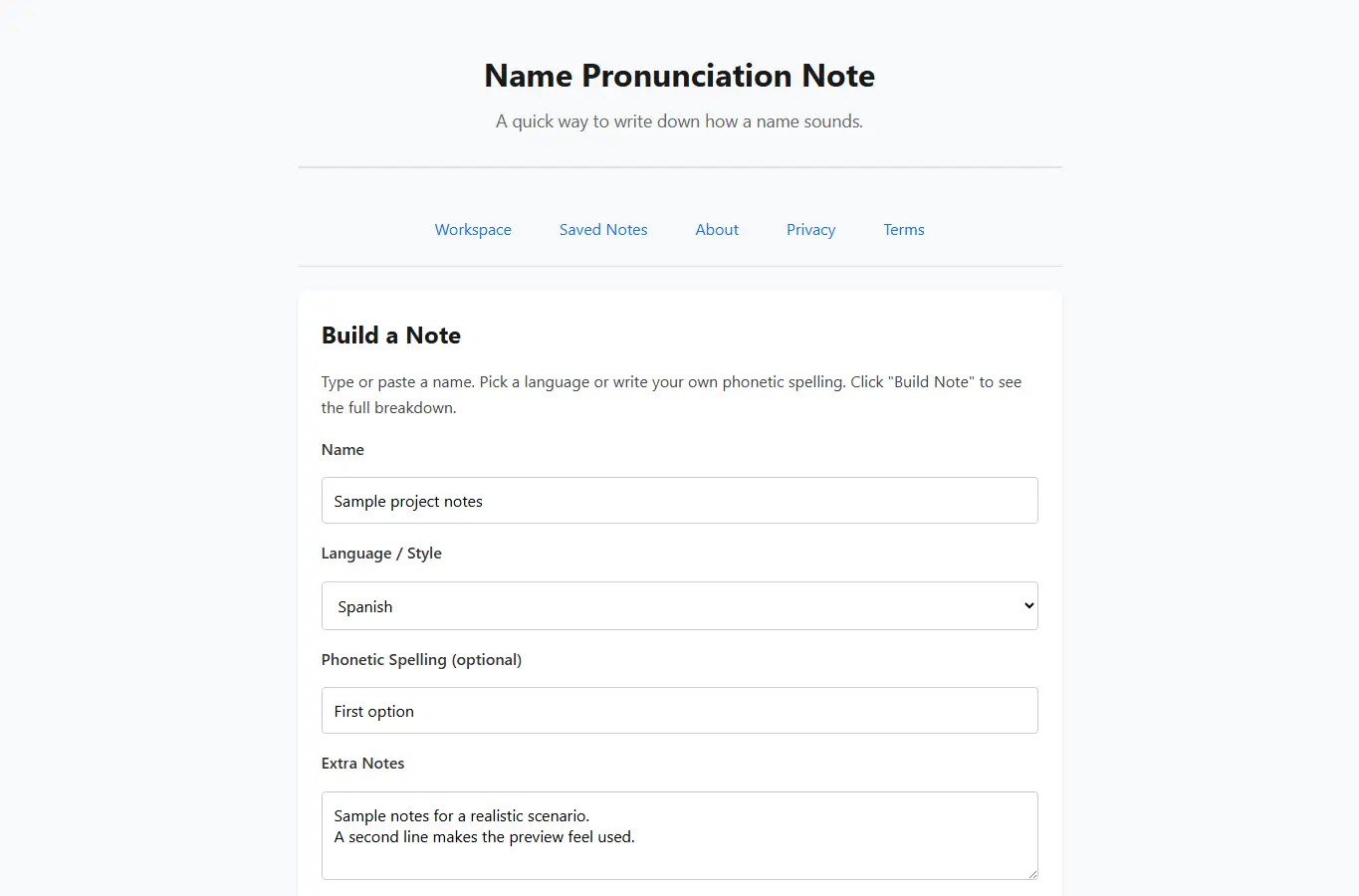 Screenshot of Name Pronunciation Note interface showing the project page in use